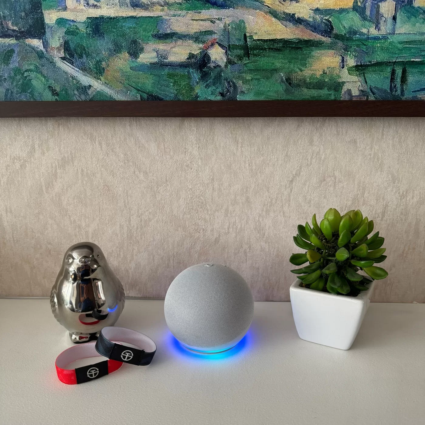 Image of an Alexa device along with Tapspiration bracelets